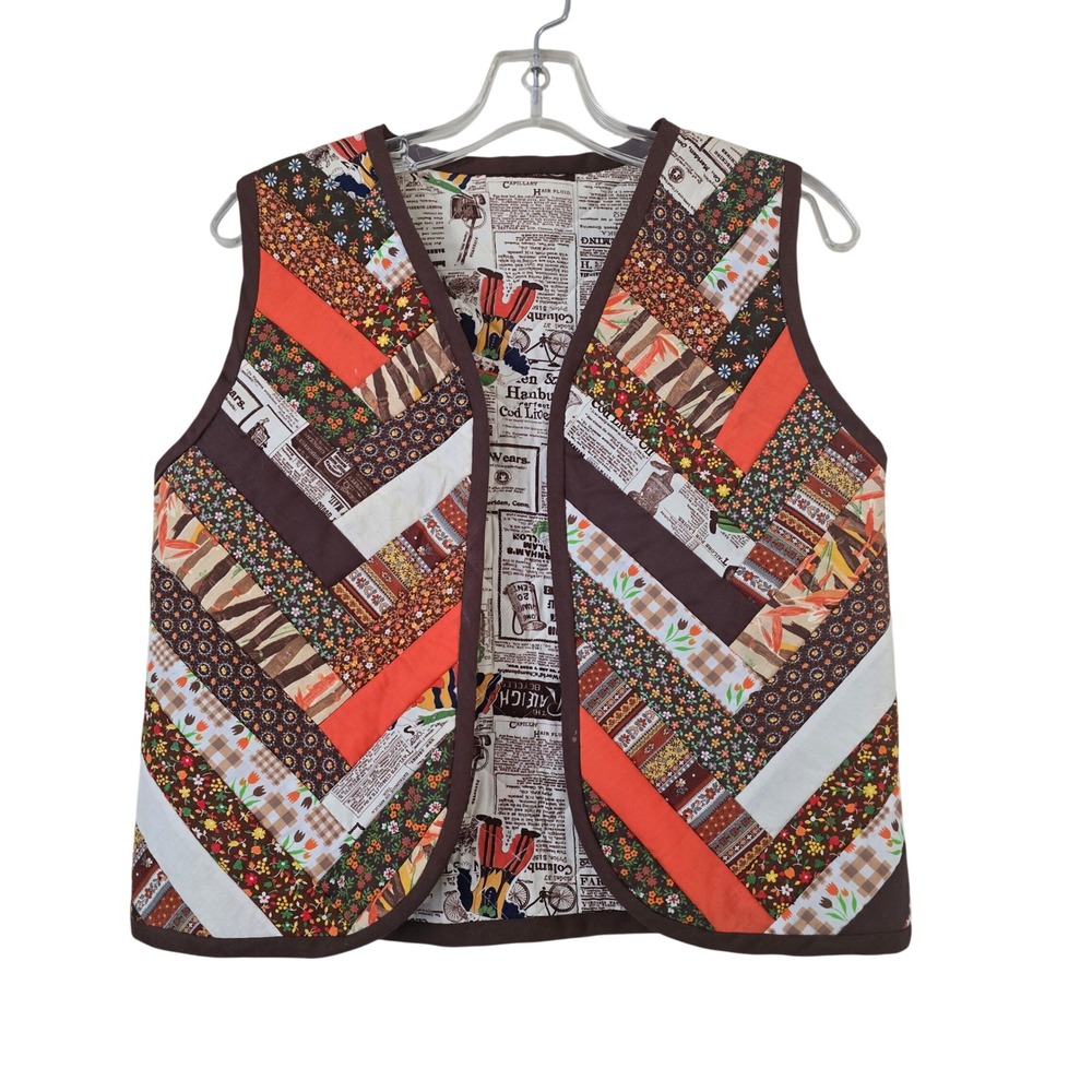 Handmade Reversible Quilted Vest Patchwork Chevron Vintage Newspaper Print Brown